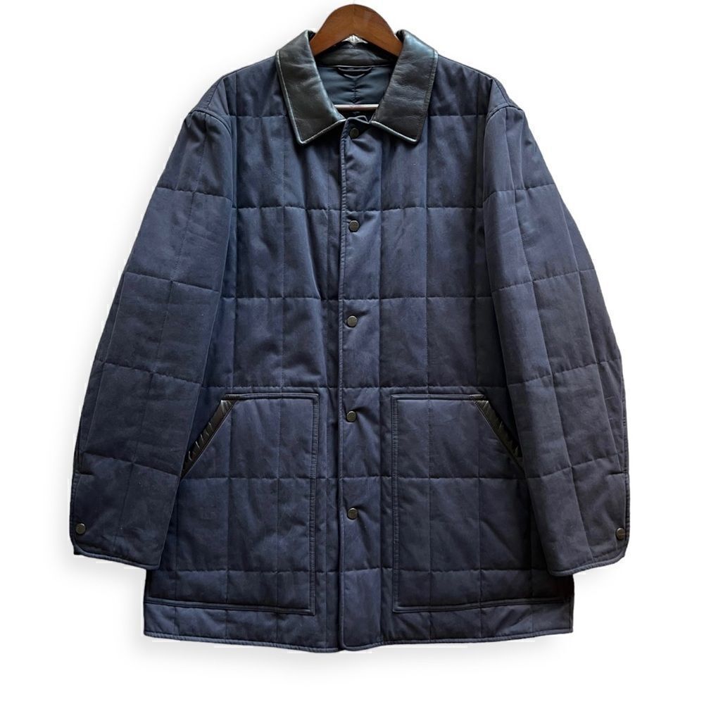 SALVATORE FERRAGAMO Navy Quilted Jacket Coat, Black Leather Collar